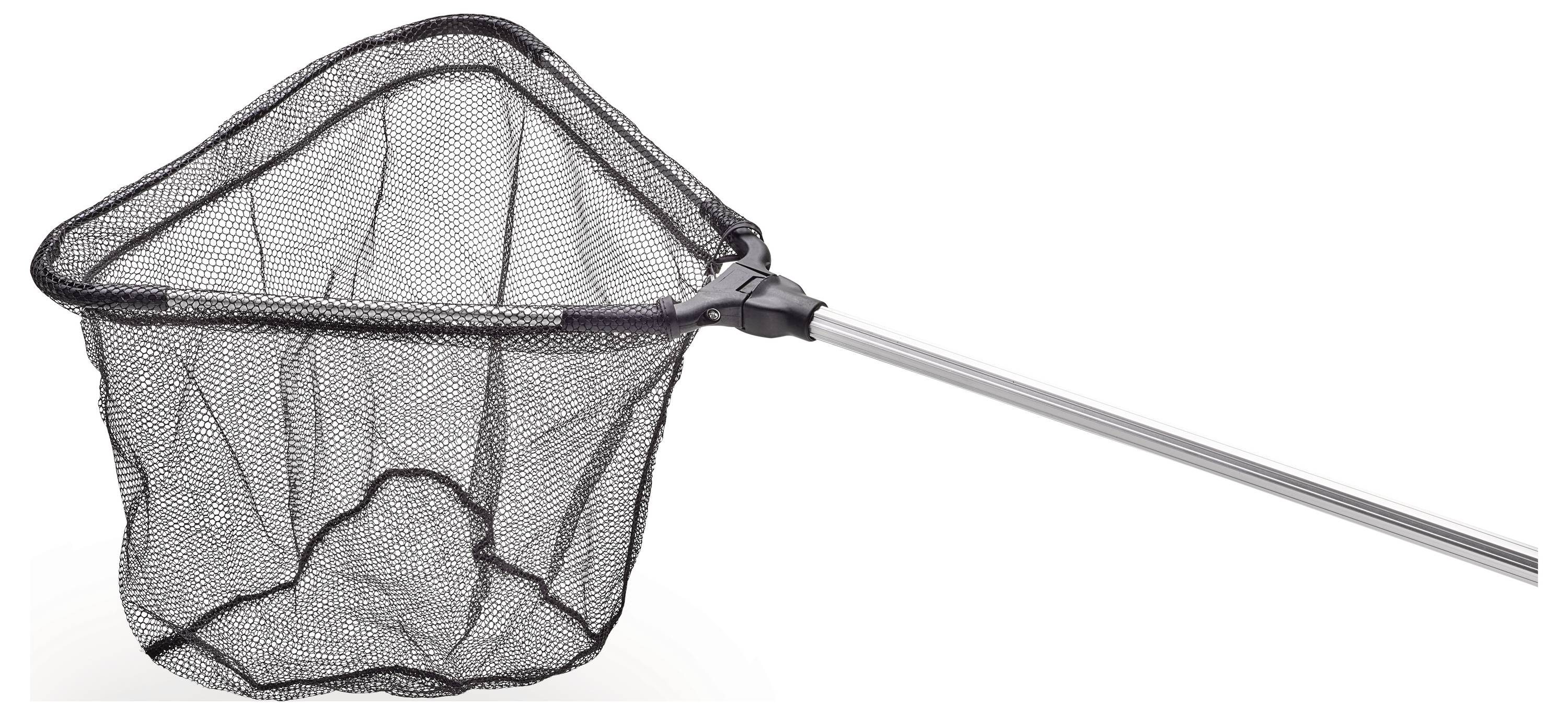 Ein schwarzes Fischnetz mit einem langen silbernen Griff, das zum Fischfang entwickelt wurde, vor einem einfarbigen weißen Hintergrund.