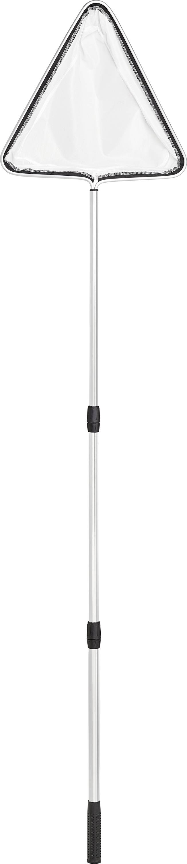 Ein langstieliges, dreieckiges Poolreinigungsnetz mit weißem Maschengewebe und schwarzen Kanten, das zum Abschöpfen von Schmutz von der Wasseroberfläche eines Schwimmbeckens verwendet wird.