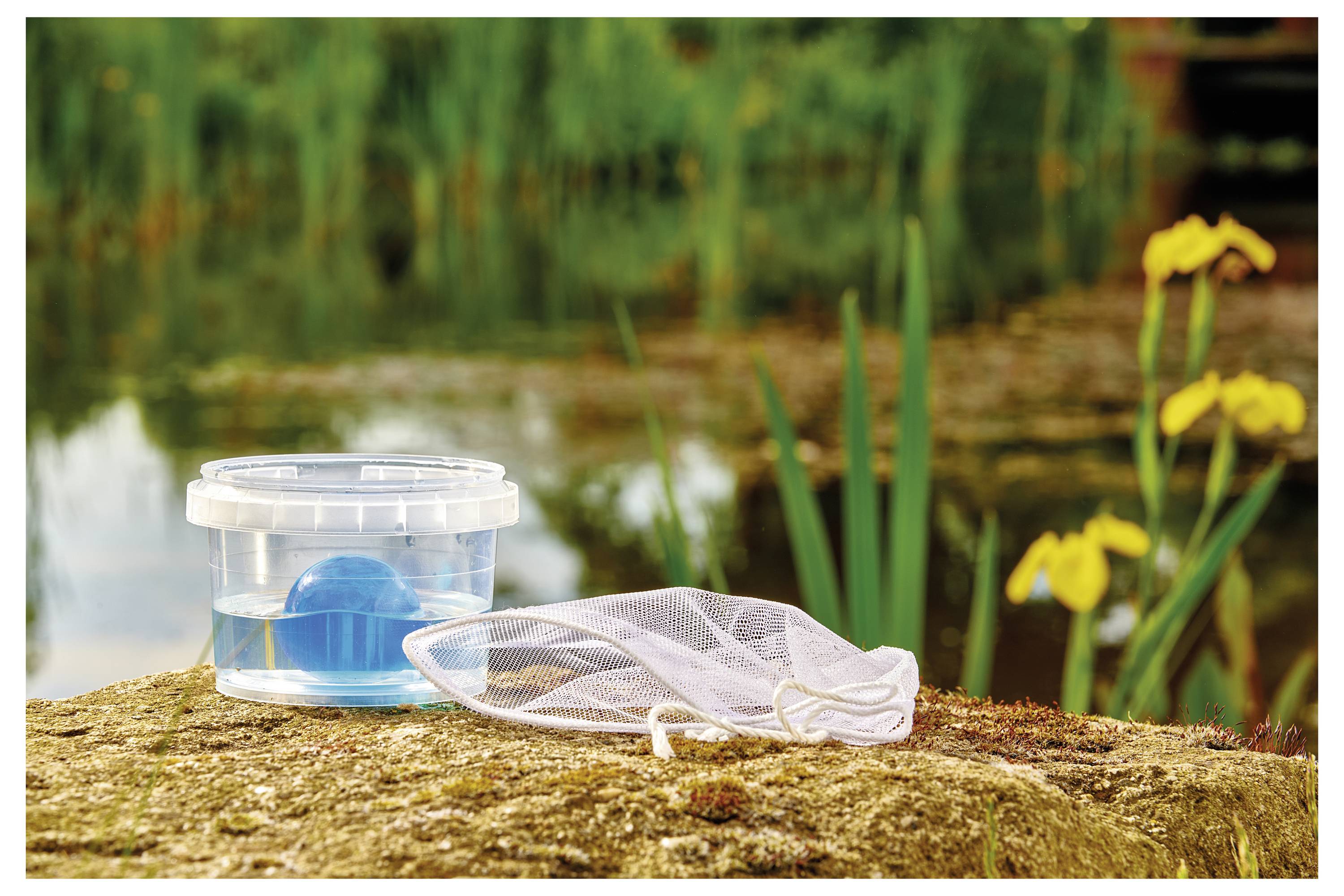 Ein kleiner Plastikbehälter mit einem blauen Objekt im Inneren liegt auf einem Stein neben einem Teich, direkt neben einer weißen Netztasche, mit gelben Blumen im Hintergrund.