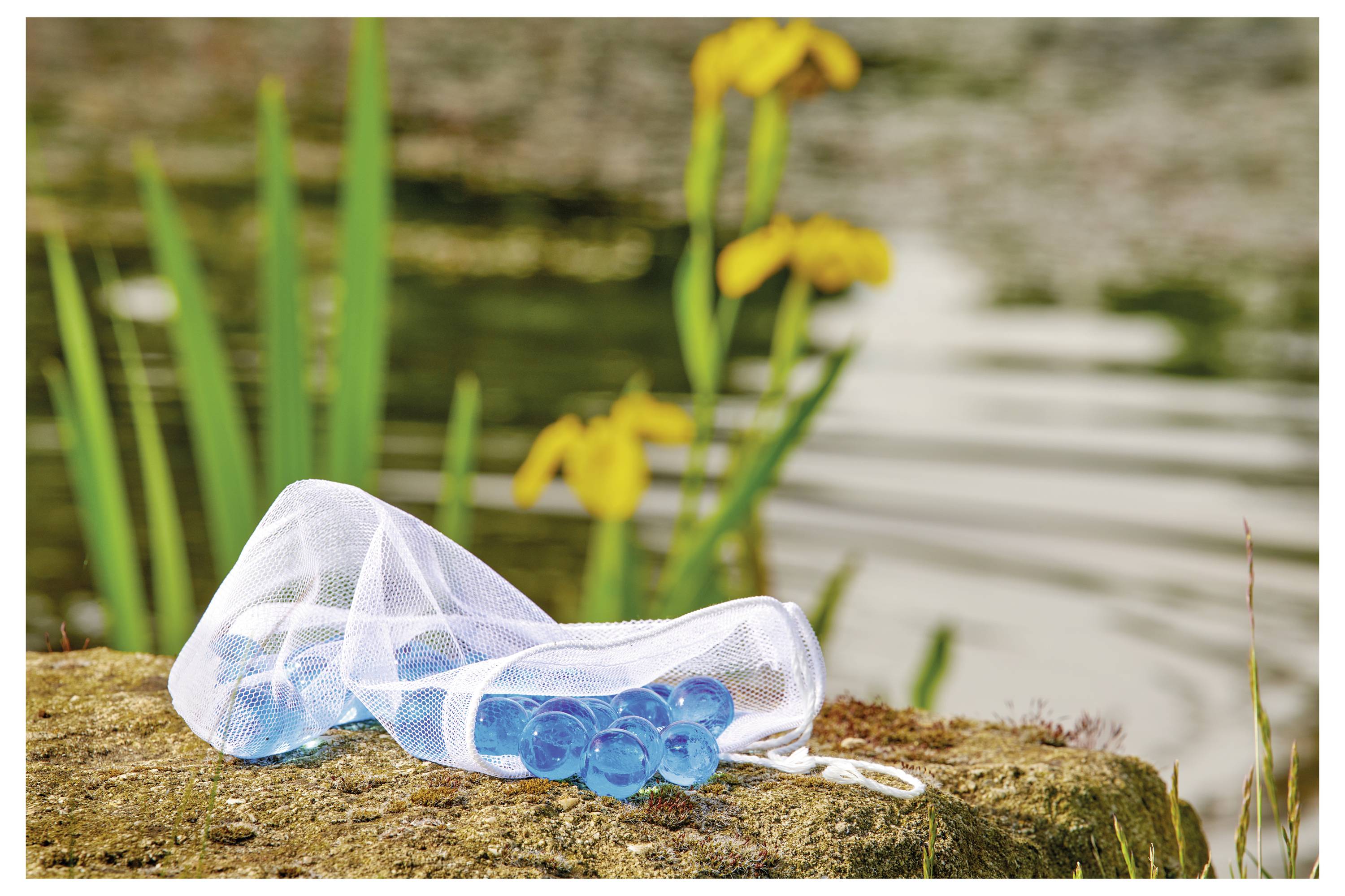 Ein Netzbeutel mit blauen Kugeln, der auf einem Stein neben einem Teich liegt, wobei gelbe Blumen und grüne Schilf im Hintergrund sichtbar sind.