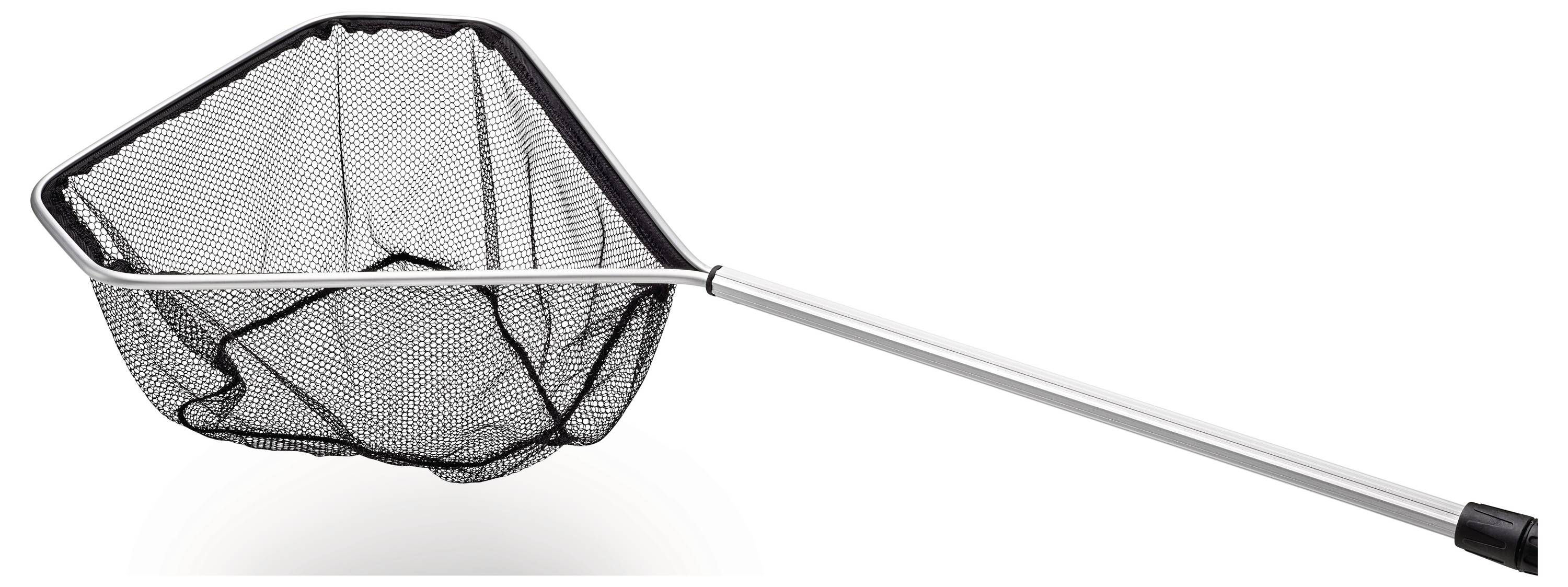 Ein Fischnetz mit einem langen Metallgriff und einem großen schwarzen Maschen-Netz zum Fischfang. Das Netz ist für den Einsatz beim Fischen konzipiert.
