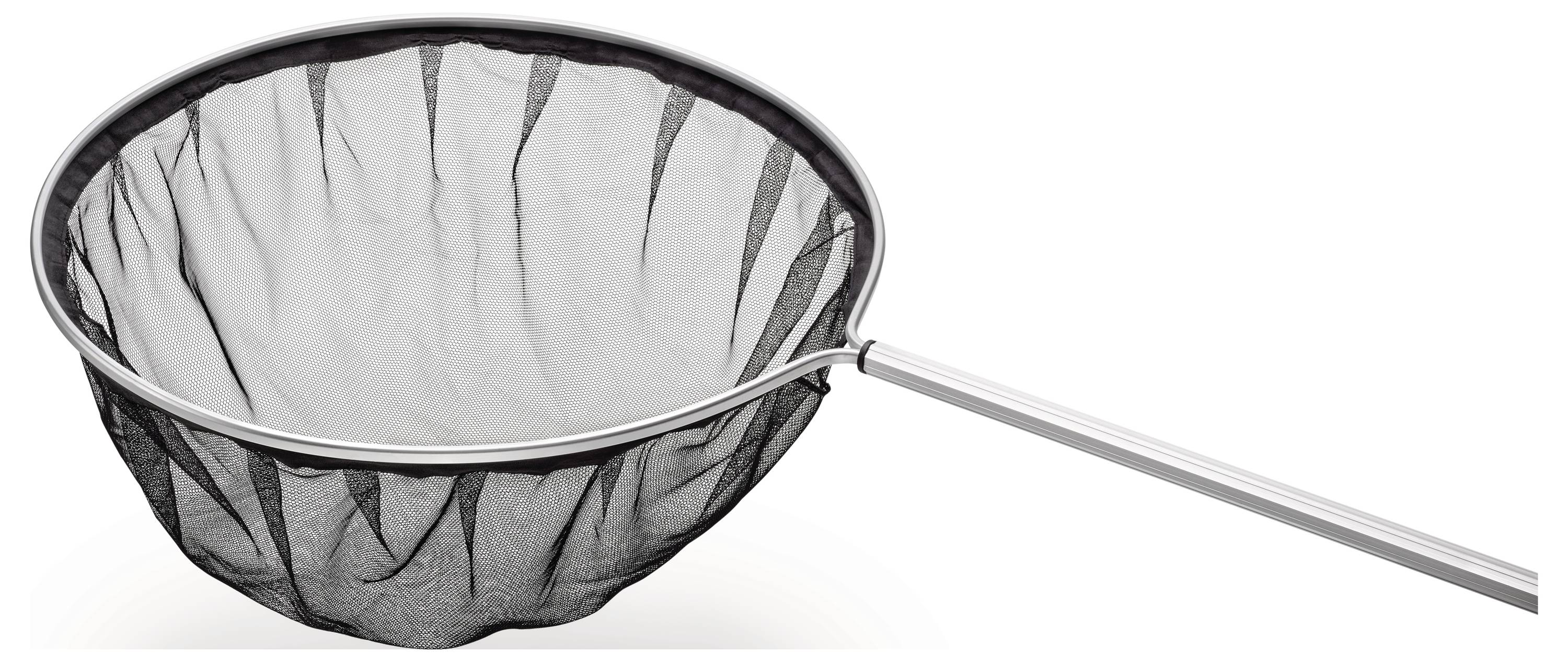 Ein großes kreisförmiges Fischnetz mit einem langen Stiel, das ein tiefes, schwarzes Maschengewebe zum Fangen von Fischen oder anderen Wasserlebewesen aufweist.