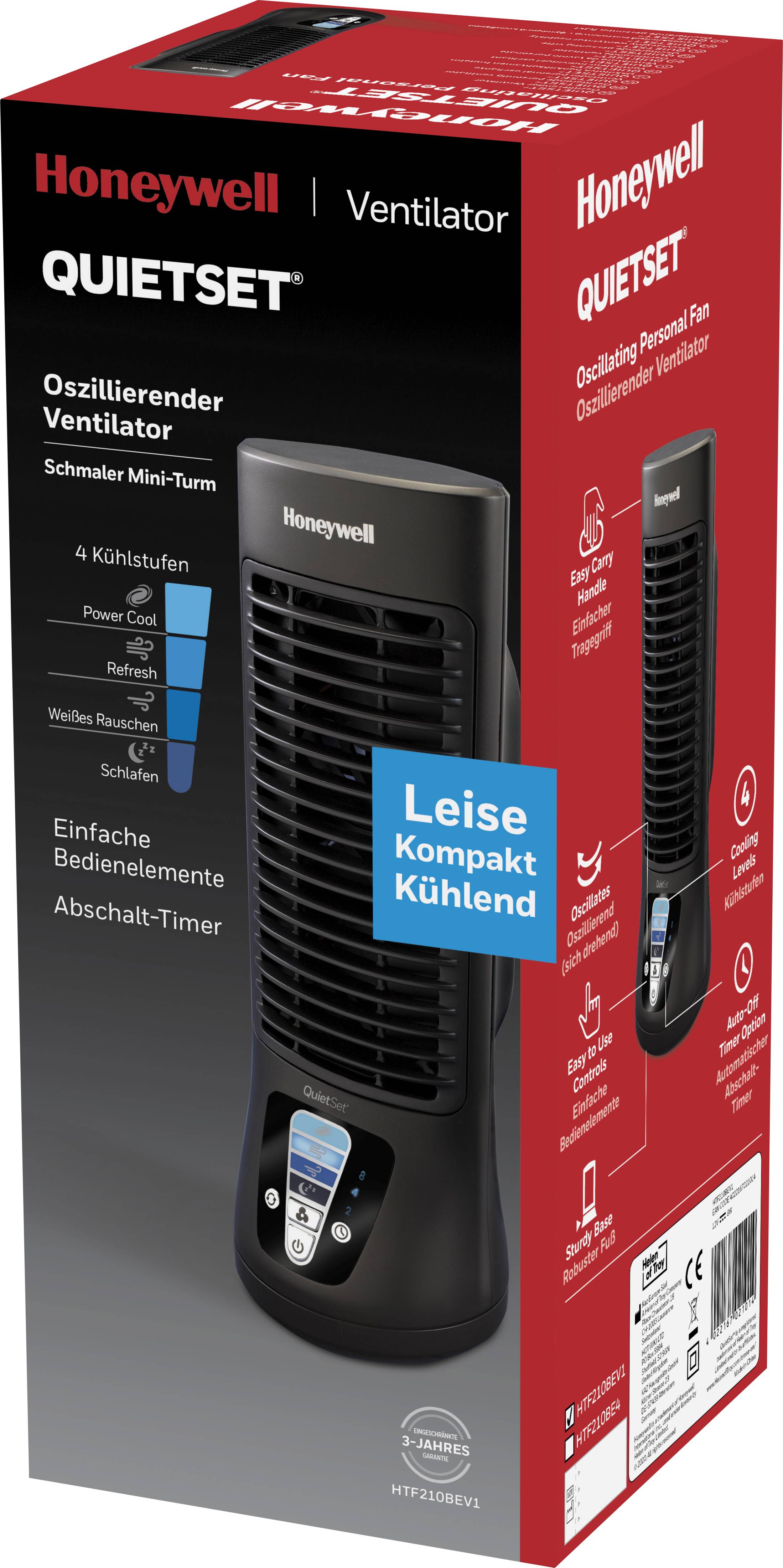 Honeywell HTF210BE4 Turmventilator 8W Schwarz Automatische Abschaltung, Timer, Oszillierend