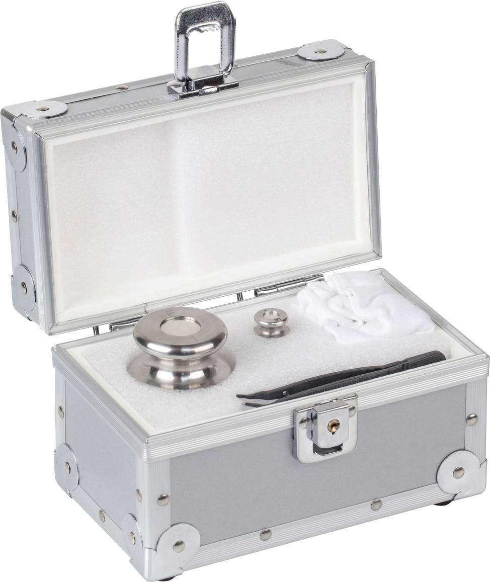 Ein silberfarbener Gewichtssatz mit geöffnetem Deckel zeigt verschiedene Metallgewichte und Zubehör auf Schaumstoff, zur Kalibrierung.