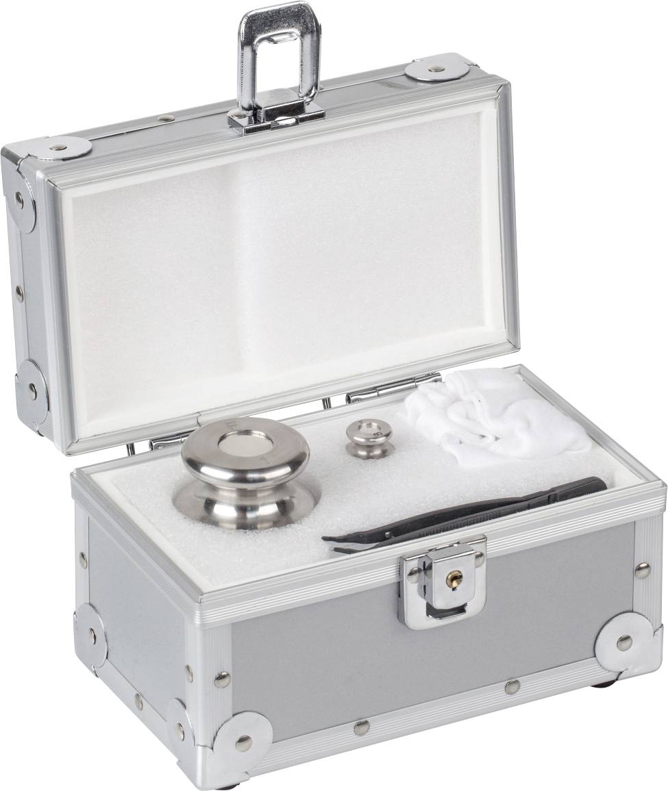 Silberne Transportbox mit zwei silbernen Gewichten, einem Tuch und einer Pinzette auf weißem Schaumstoff.