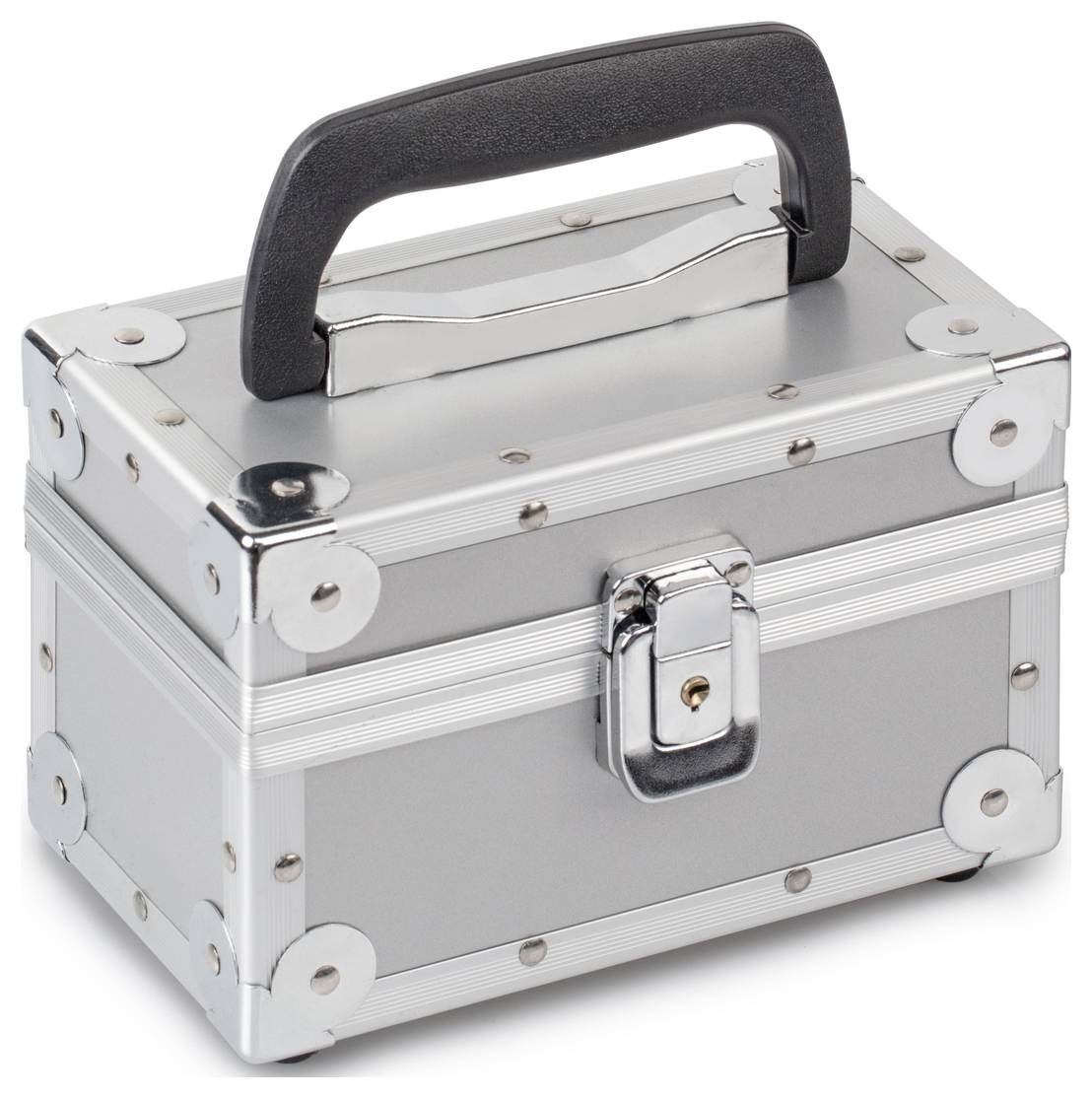 Silberne, metallische Tragebox mit schwarzem Griff und Verschluss. Geeignet zum sicheren Transport kleinerer Gegenstände.