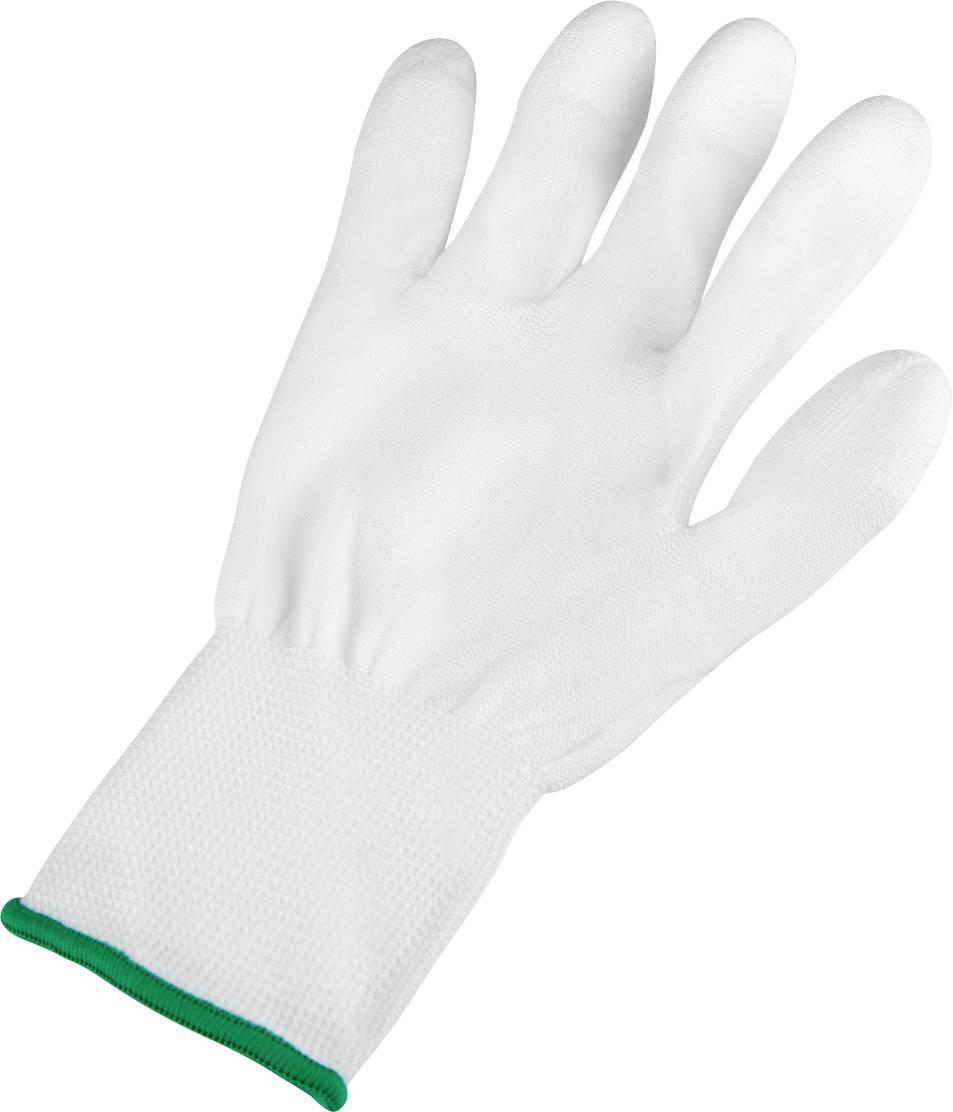 Ein weißer Arbeitshandschuh mit grünem Rand am Handgelenk, flach liegend.