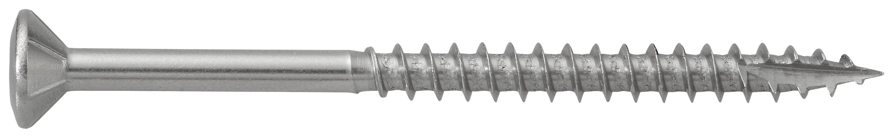 Eine silberne Metallschraube mit flachem Kopf und durchgehendem Gewinde vor weißem Hintergrund.