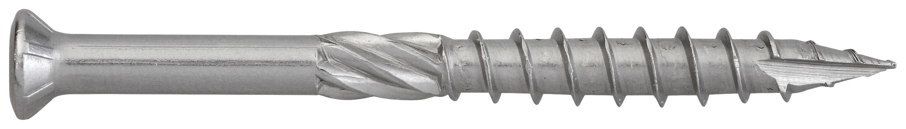 Metallschraube mit flachem Kopf und spiralförmiger Struktur entlang des Schafts, geeignet für den Einsatz in Bauprojekten.