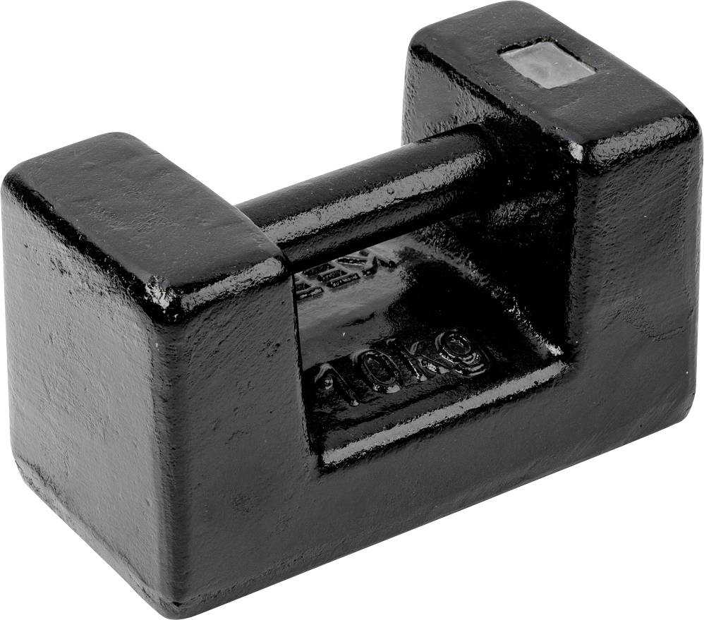 Schwarzes metallisches Gewicht von 10 kg, quaderförmig mit einem Griff in der Mitte.