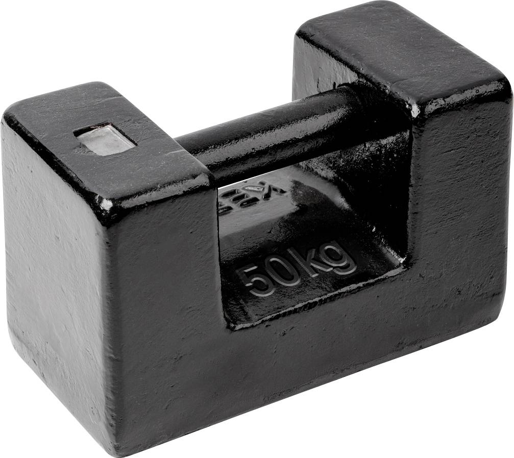 Ein schwarzes Gussgewicht mit der Prägung '50 kg', verwendet zum Kalibrieren von Waagen.