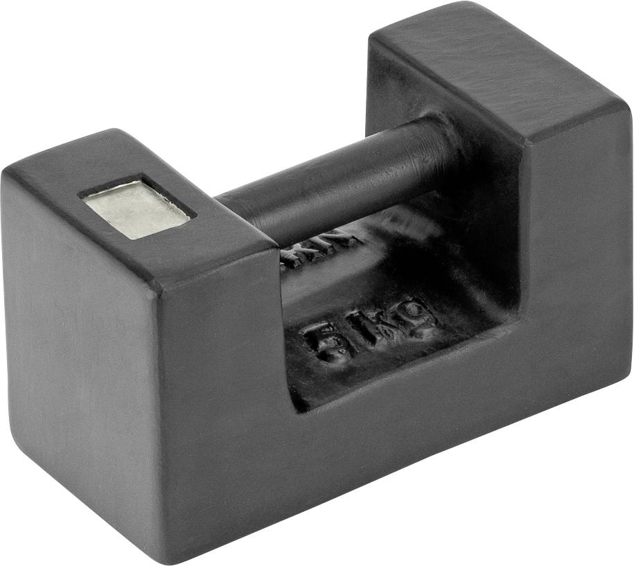 Ein schwarzes Prüfgewicht mit der Aufschrift '5 kg', verwendet zur Kalibrierung und Genauigkeitstests in Laboren und industriellen Anwendungen.