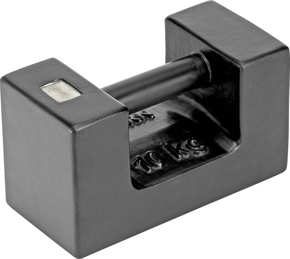 Ein schwarzes, rechteckiges Prüfgewicht aus Metall, markiert mit '10 kg'. Es dient zur Kalibrierung von Waagen.