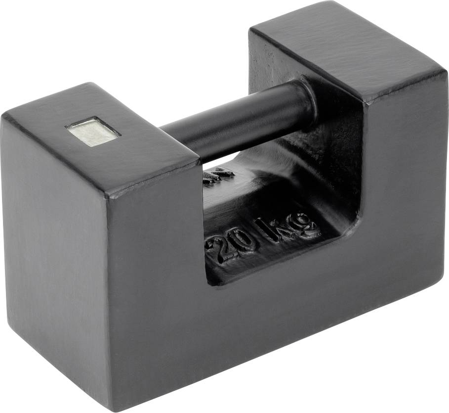 Ein Gewicht aus Gusseisen, angegeben mit '20 kg', verwendet für Kalibrierung oder Messzwecke. Schwarz, rechteckige Form mit Griff.