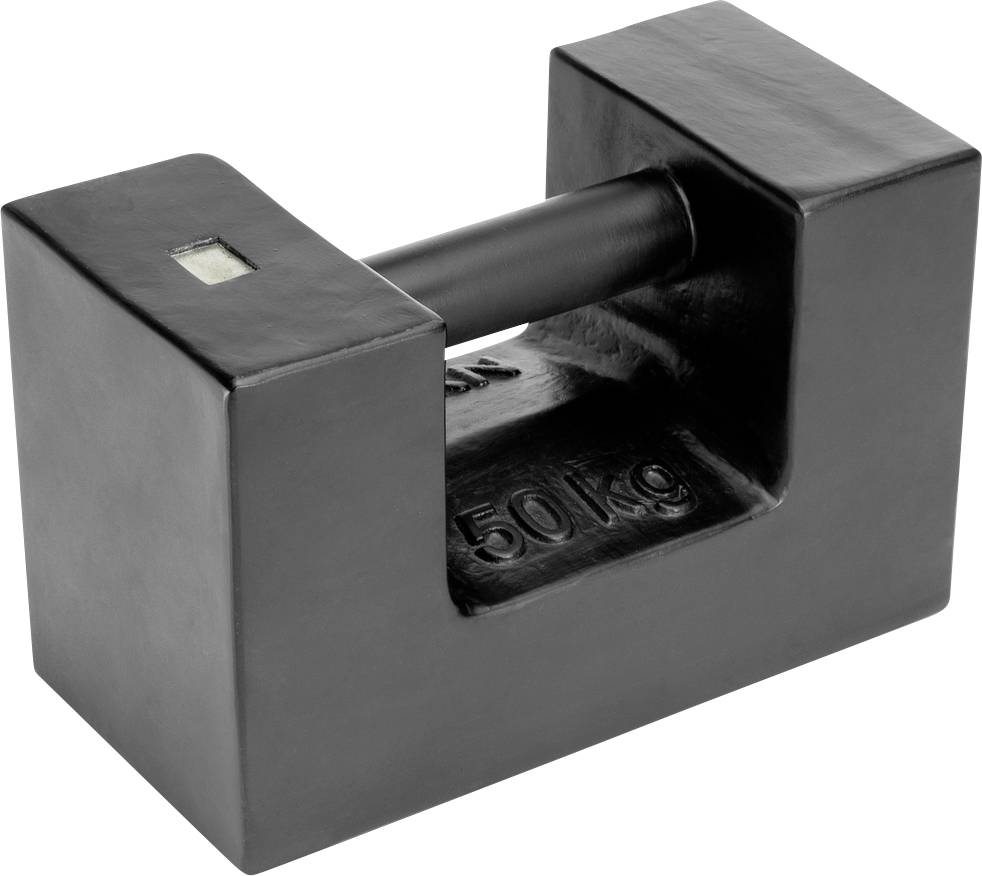 Ein rechteckiges schwarzes Gewicht aus Metall mit der Aufschrift '50 kg'.