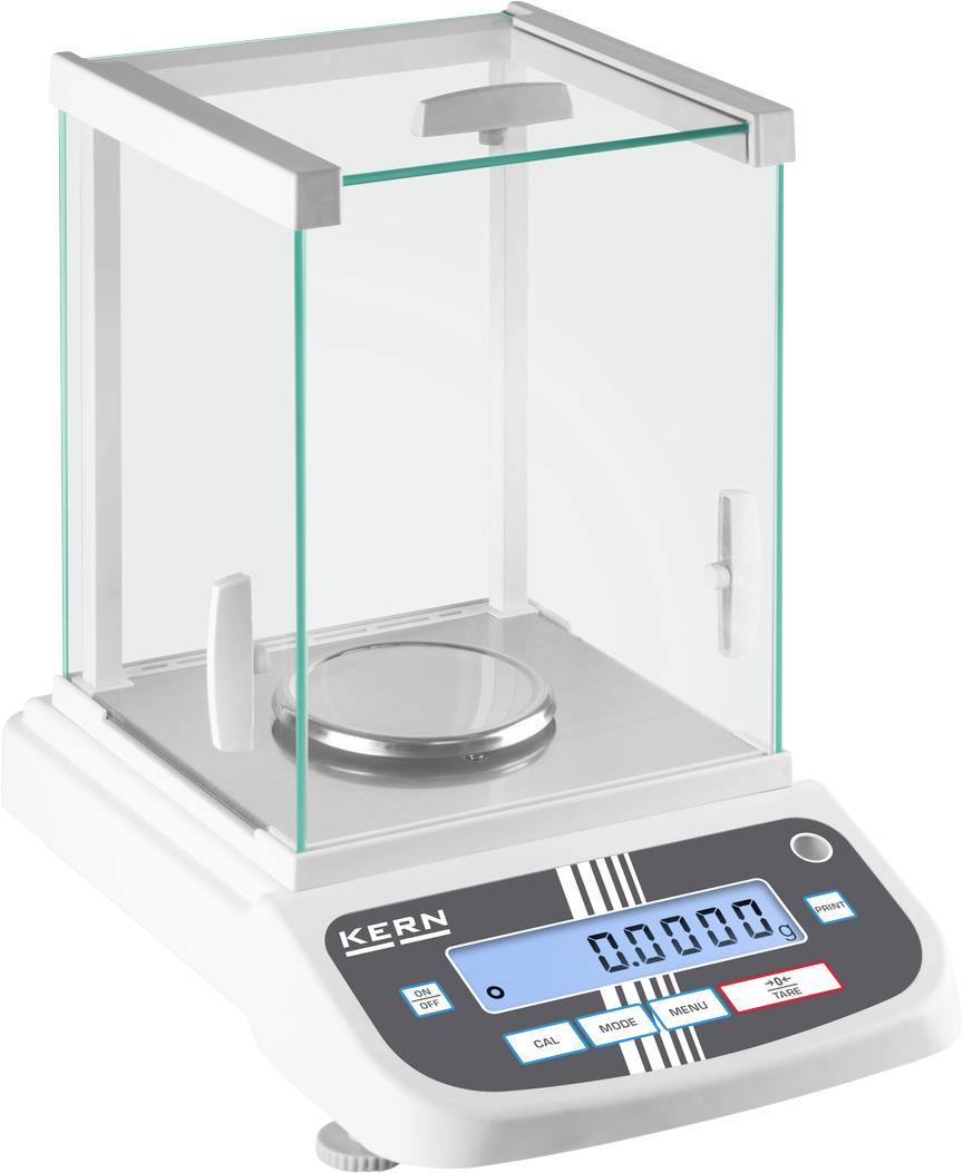 Elektronische Laborwaage mit digitalem Display zeigt '0.0000'. Sie ist in einem transparenten Gehäuse untergebracht.