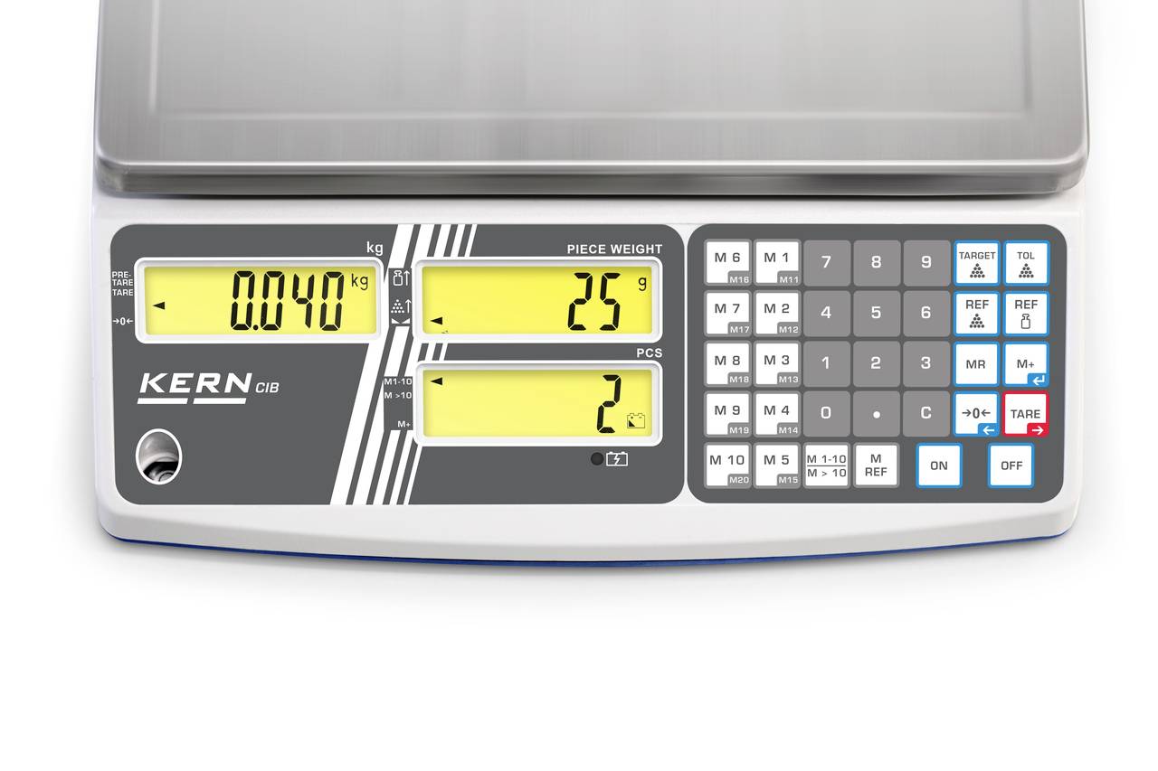 Elektronische Waage mit digitalem Display, zeigt 0,040 kg, Stückgewicht 25 g, 2 Stück. Tasten für Funktionen und Taragewicht vorhanden.