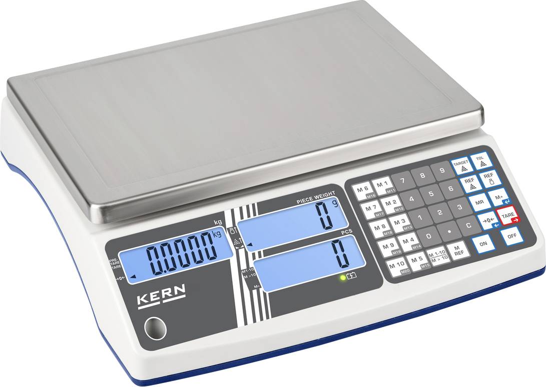 Elektronische Waage mit Display zur Anzeige von Gewicht in Kilogramm, Preis und Stückzahl. Bedienfeld mit Tasten für Tarierung und Steuerung.