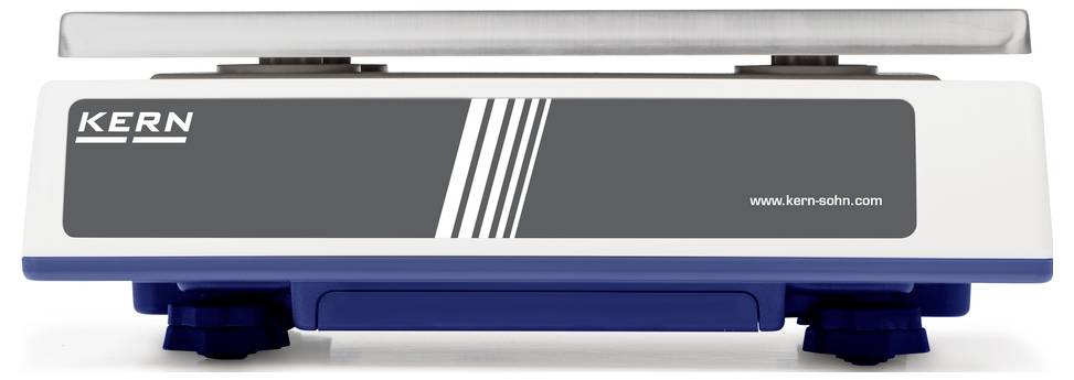 Elektronische Waage mit 'KERN'-Logo; rechteckige Form, blau-weiße Farbgebung, mit Edelstahlplattform oben.