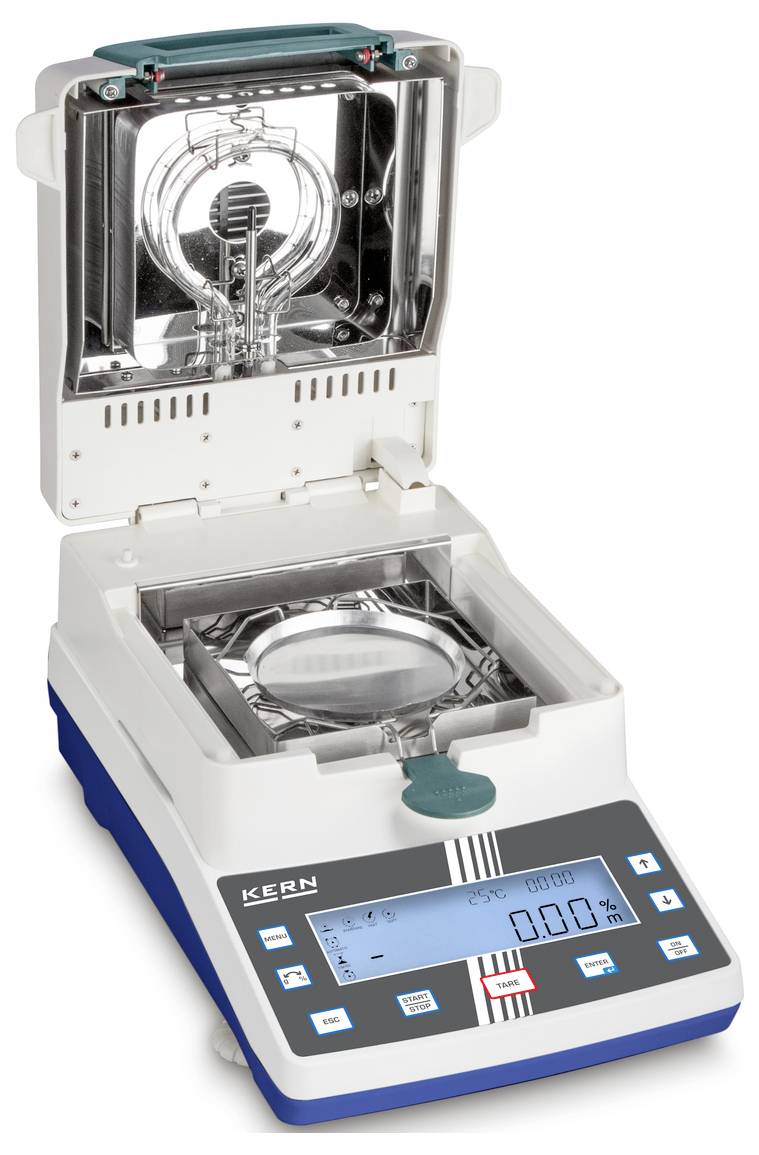 Ein Feuchtigkeitsmessgerät mit geöffnetem Deckel, zeigt einen reflektierenden Metallraum und ein digitales Display auf der Vorderseite.