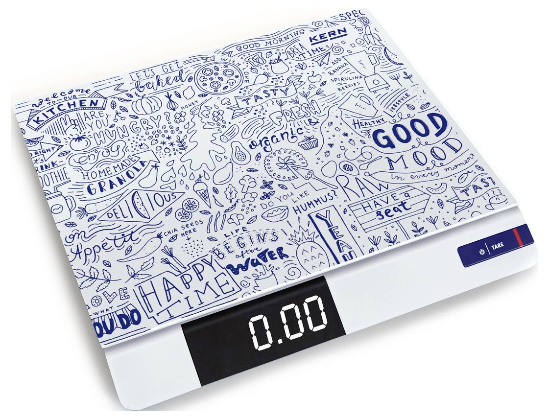 Digitale Küchenwaage mit blau-weißem Design und handgezeichneten Schriftzügen und Symbolen. Zeigt 0,00 auf dem Display an.