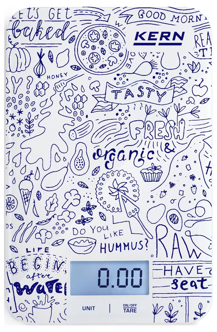 Digitale Küchenwaage mit weißem Hintergrund und blauen, lebensmittelbezogenen Illustrationen. Display zeigt 0,00.