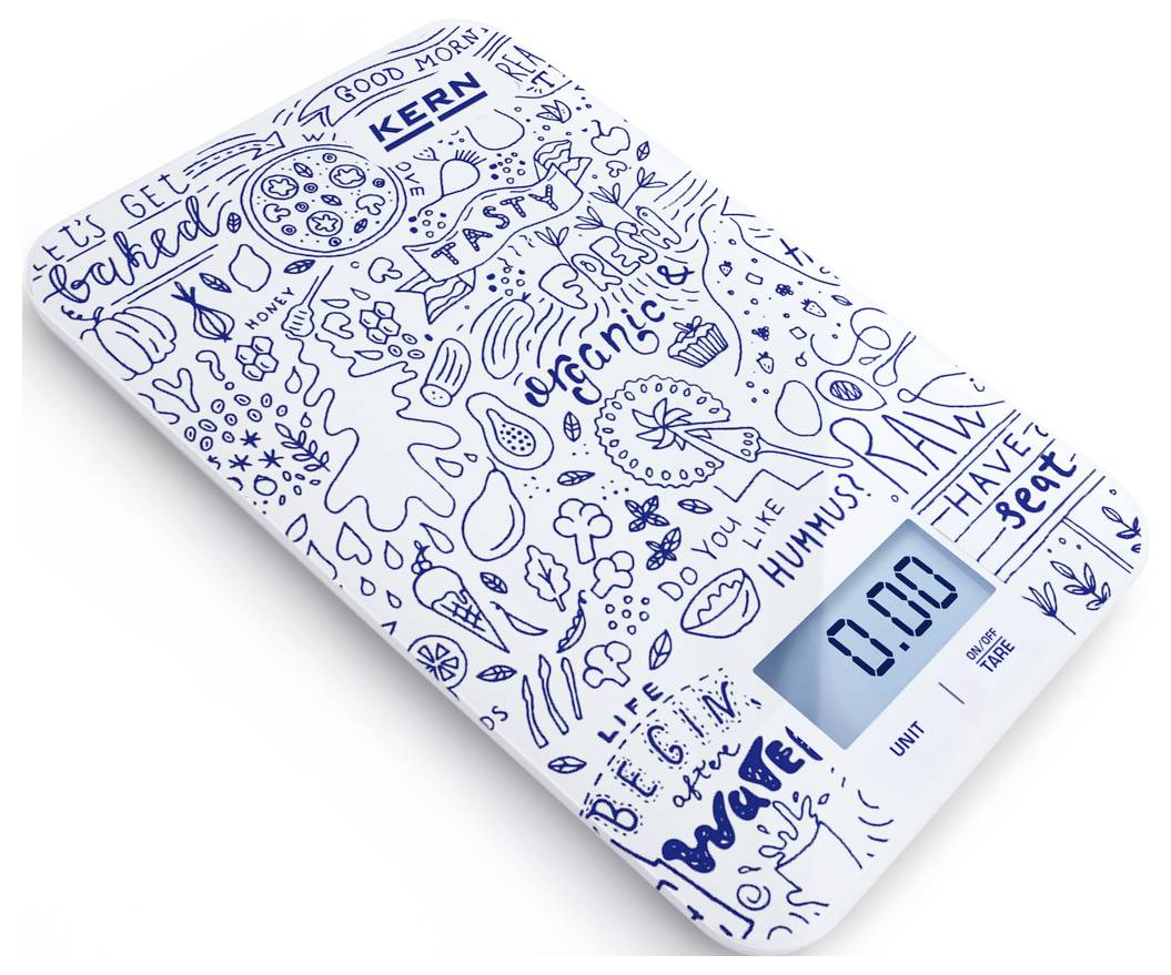 Elektronische Küchenwaage mit doodleartigem Design. Der Bildschirm zeigt '0,0' Gramm. Ideal zum Abwiegen von Zutaten beim Kochen.