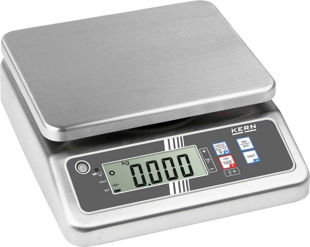 Digitale Küchenwaage aus Metall mit Anzeige: '0,000 kg', Tasten für 'Tara', 'Ein/Aus' und 'Einheiten', Markenname oben rechts.