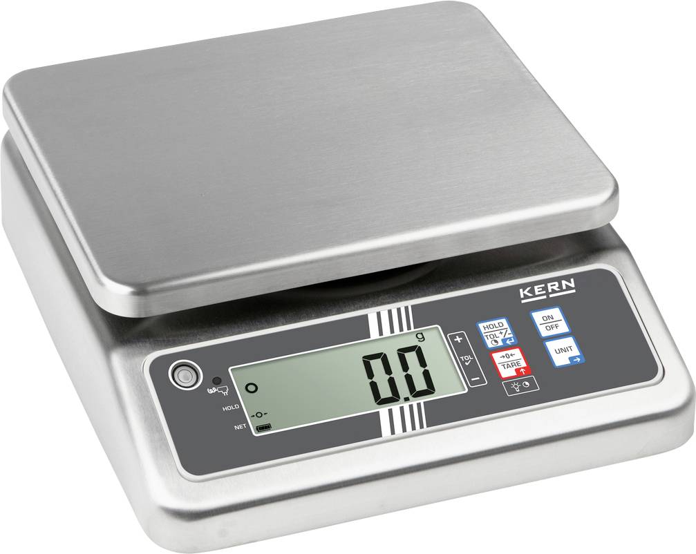 Digitale Küchenwaage mit Edelstahlplattform und Display, zeigt 0,0 Gramm an.