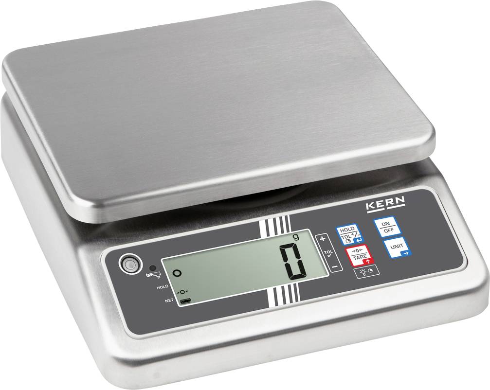 Digitale Küchenwaage mit Edelstahlplattform und Display. Anzeige zeigt '0 g'. Zwei Tasten für Ein/Aus und Einheitenauswahl sichtbar.