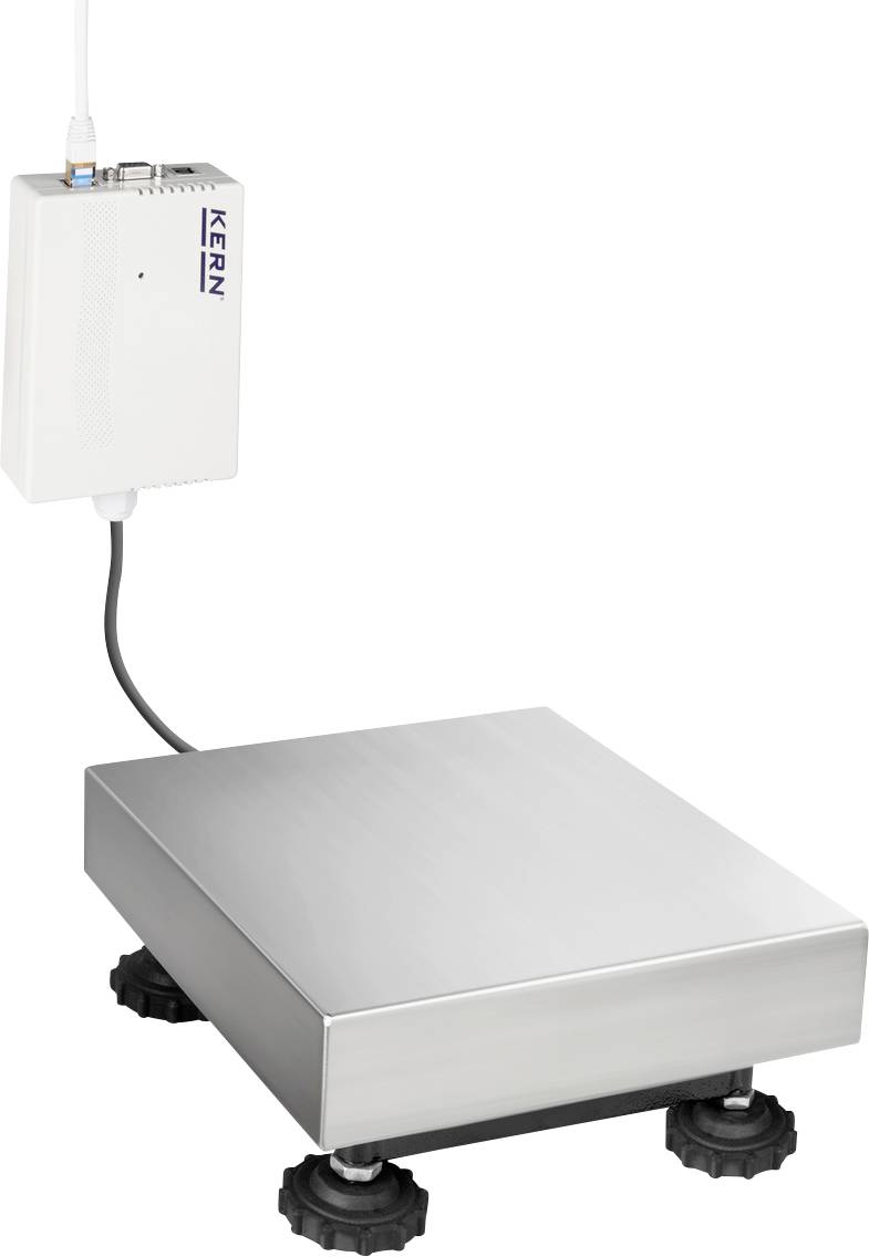 Eine elektronische Plattformwaage aus Edelstahl mit einem Display, das über ein Kabel verbunden ist.