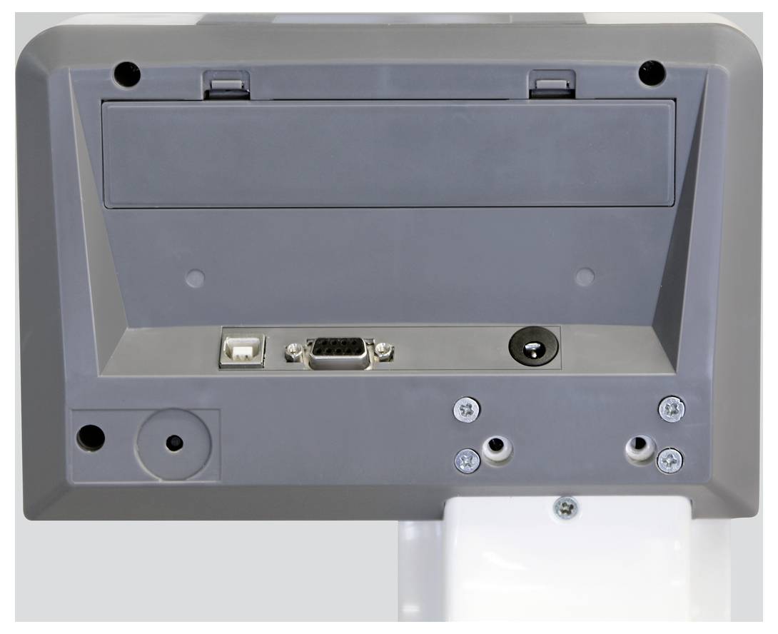 Rückseite eines elektronischen Geräts mit mehreren Anschlüssen: USB, VGA und Stromanschluss. Deutliche Schraubenlöcher und Halterungen sichtbar.