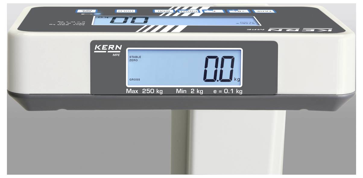 Digitale Waage mit LCD-Anzeige, zeigt 0,0 kg. Maximale Tragkraft 250 kg, Mindestlast 2 kg. Genauigkeit 0,1 kg.