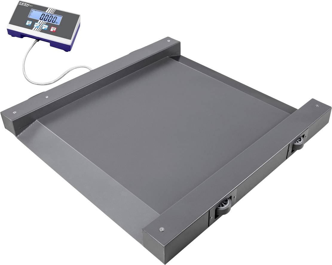 Elektronische Bodenwaage mit digitalem Display, das ein Gewicht von '0.00' anzeigt. Wägeplattform aus Metall.