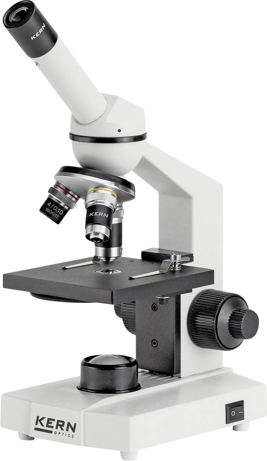 Mikroskop mit zwei Objektiven, einem Okular und einem drehbaren Fokussierrad. Geeignet für biologische oder chemische Analyse.