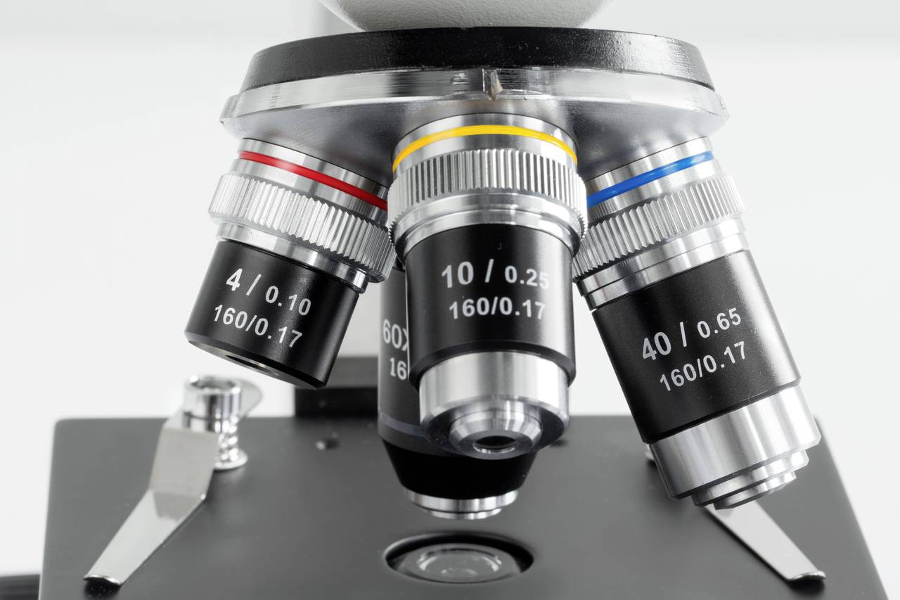 Nahaufnahme eines Mikroskops mit drei Objektiven unterschiedlicher Vergrößerung. Details und Beschriftungen an den Objektiven sichtbar.