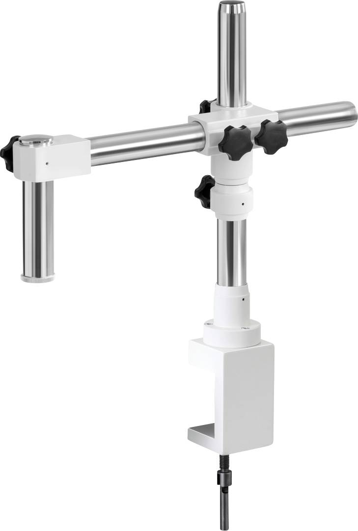 Ein verstellbarer Halterungsarm aus Metall, mit Klemmen zur Befestigung an einem Tisch, geeignet für technische Geräte oder Instrumente.