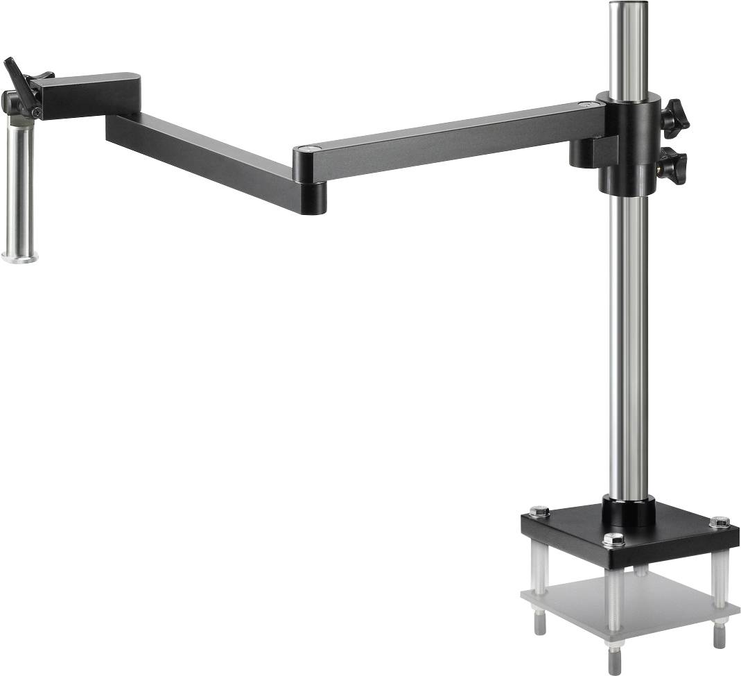 Ein verstellbarer Metallarm mit mehreren Gelenken, befestigt an einer vertikalen Stange. Eignet sich zum Halten oder Stabilisieren von Geräten.