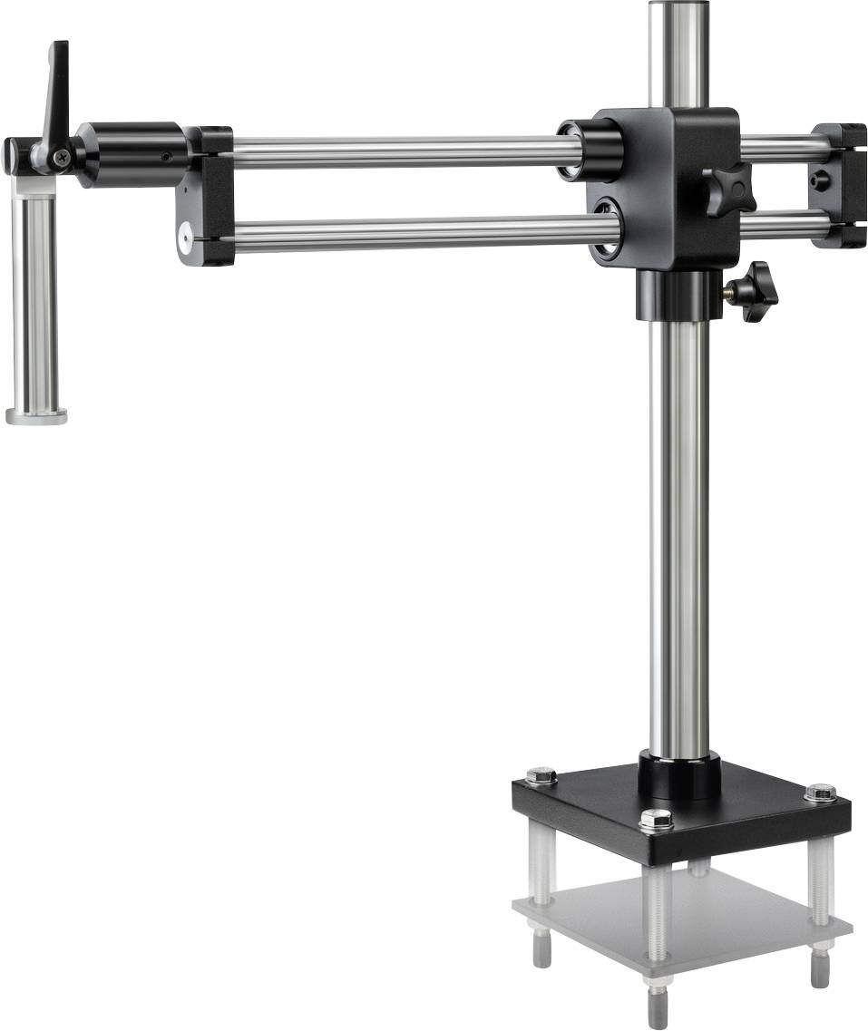 Ein Teleskoparm-Mikroskopständer aus Metall mit stabiler Basis und verstellbarem Arm, geeignet für präzise Positionierung von Geräten.