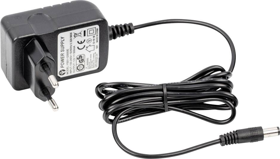 Schwarzes Netzteil mit Euro-Stecker und langem Kabel, geeignet für elektronische Geräte, zeigt Leistungsspezifikationen auf der Vorderseite.