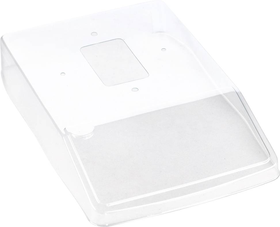 Ein transparenter Kunststoffdeckel, rechteckig mit abgerundeten Kanten, für den Schutz von Geräten oder Objekten.