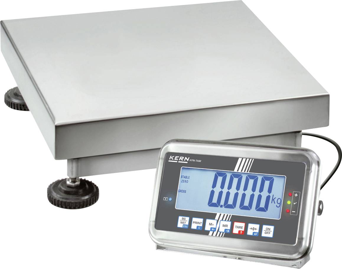 Elektronische Industriewaage mit digitaler Anzeige, zeigt '0.000 kg'. Plattform aus Metall, geeignet für präzise Gewichtsbestimmungen.