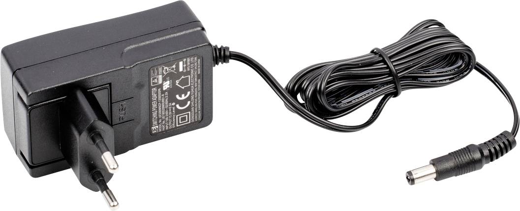 Schwarzes Netzteil mit EU-Stecker und langem Kabel zeigt technologische Komponenten, geeignet für elektronische Geräte.