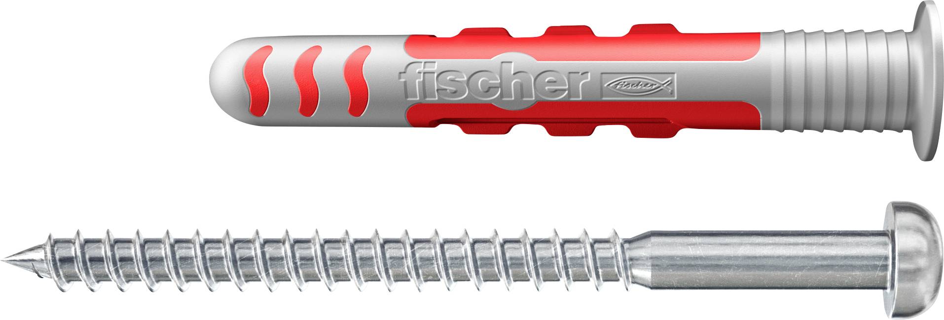 Ein Wandstecker- und Schraubenset, mit dem Stecker in Rot und Grau mit Branding und Funktionen sowie einer Metallschraube mit Gewindedesign.