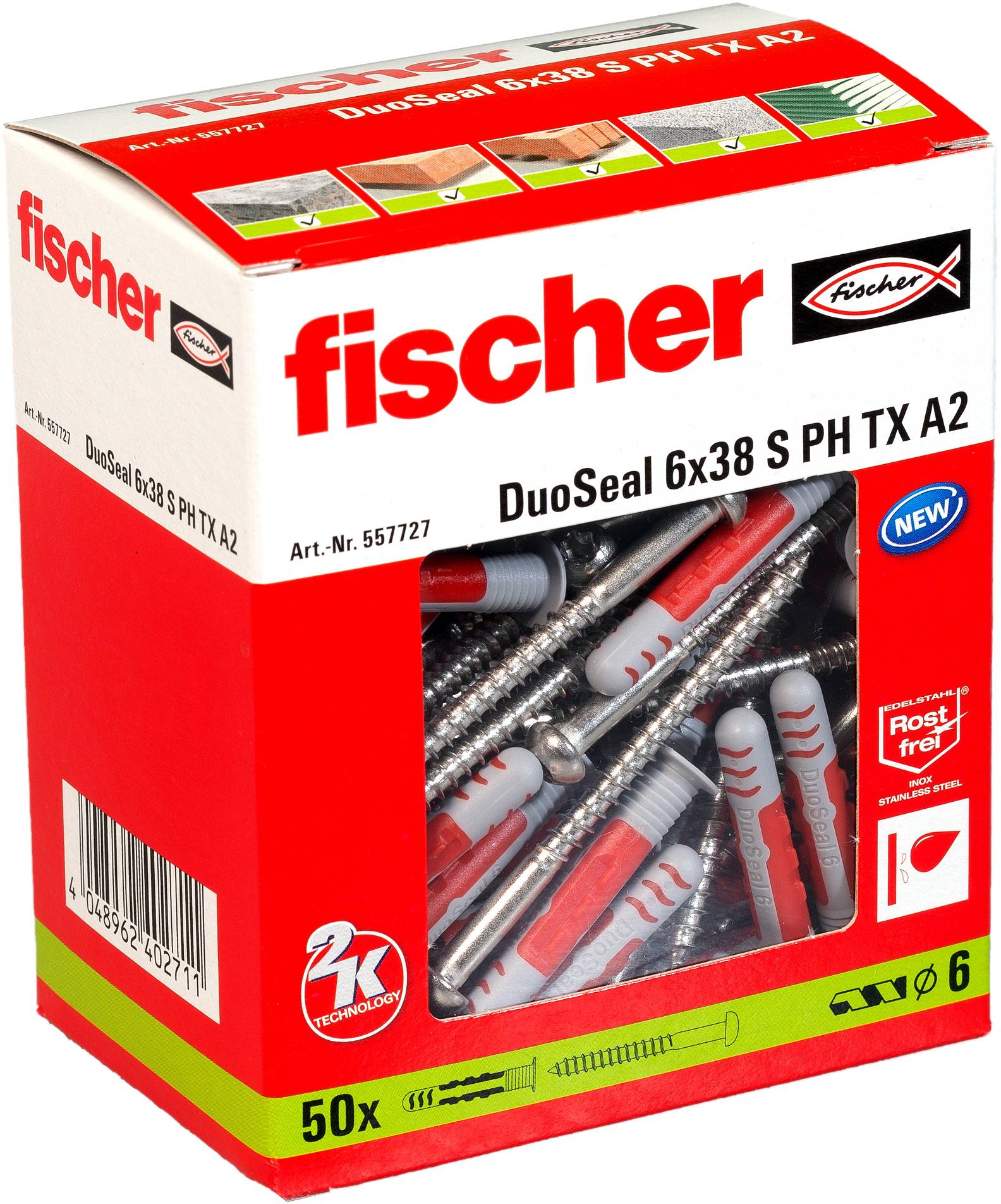 'Fischer DuoSeal 6x38 S PH TX A2' 50er-Box Schrauben und Dübel mit Edelstahlausführung und Korrosionsschutzfunktion.