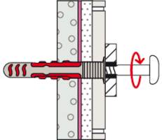 Illustration einer Wanddübel, die in eine Wand geschraubt wird, wobei der Expansionsmechanismus im Inneren für sichere Befestigung gezeigt wird.