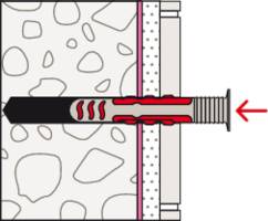 Eine Illustration, die einen Spreizdübel zeigt, der in einer Wand befestigt ist. Der Dübel hat eine Hülse, die sich beim Anziehen ausdehnt, um die Wand zu greifen.