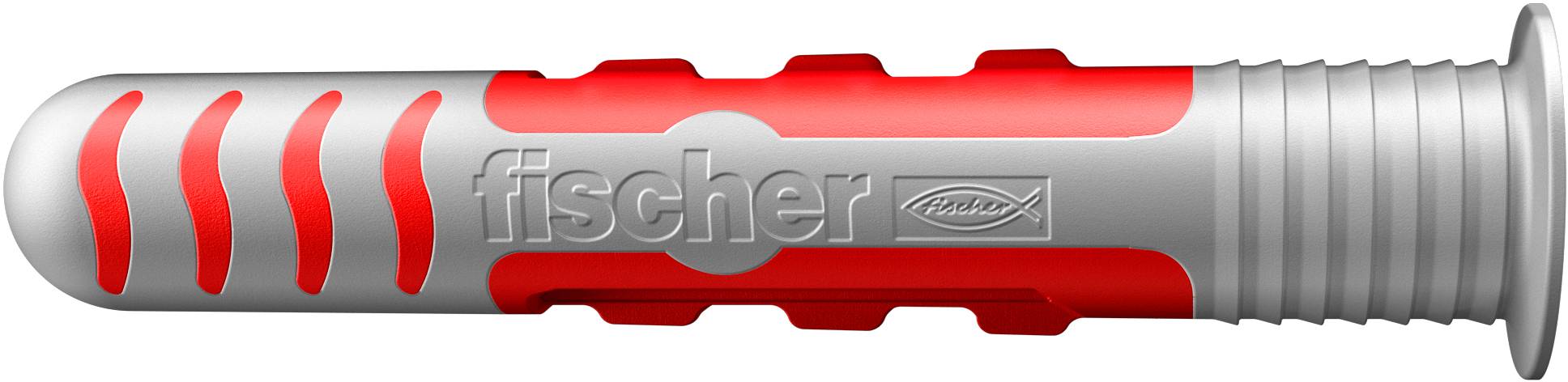 Ein grauer und roter Dübel von Fischer, mit Schriftzug 'fischer' und Logo, zum Befestigen in Wänden.