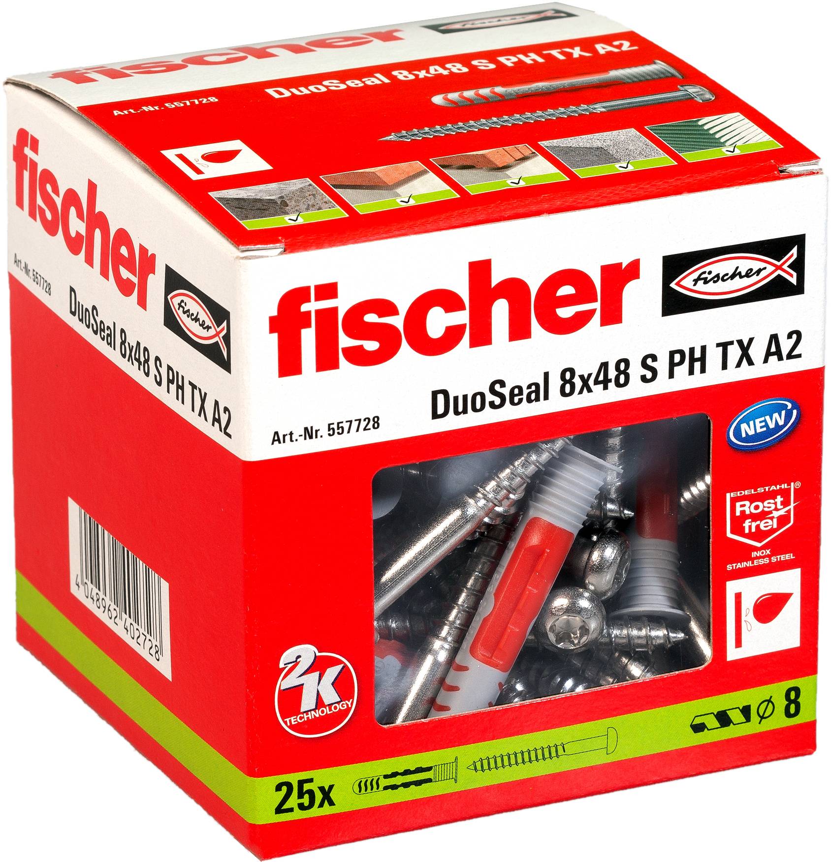 'Fischer DuoSeal 8x48 S PH TX A2' Box mit 25 Schrauben mit Dübeln. Rote und grüne Markierung, korrosionsbeständig, Art. Nr. 557728.