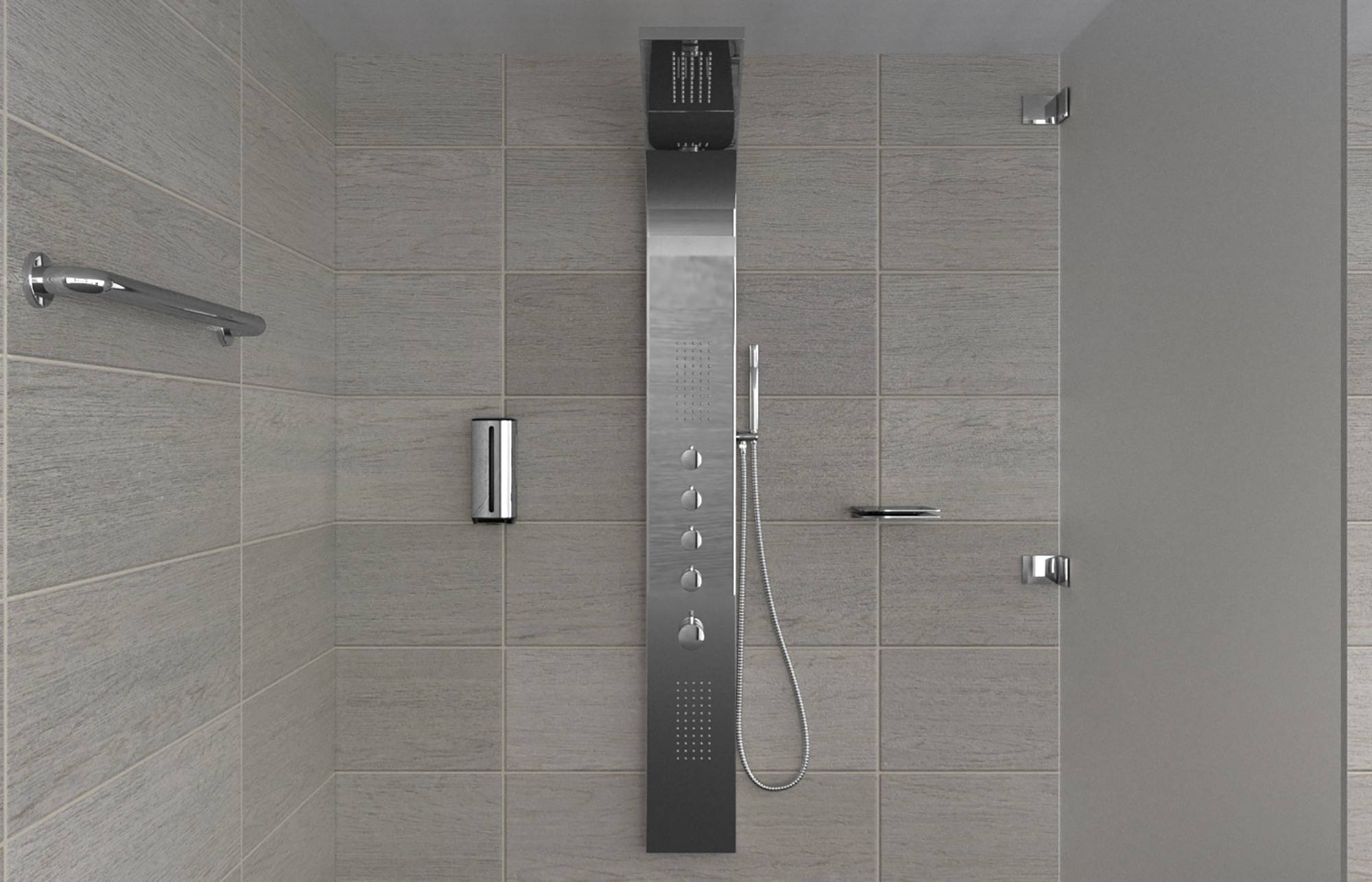 Ein modernes Duschsystem mit einem hohen, schlanken Metallpaneel mit Bedienelemente, einem Handbrauseköpf und einem eingebauten Seifenspender an einer gekachelten Wand.
